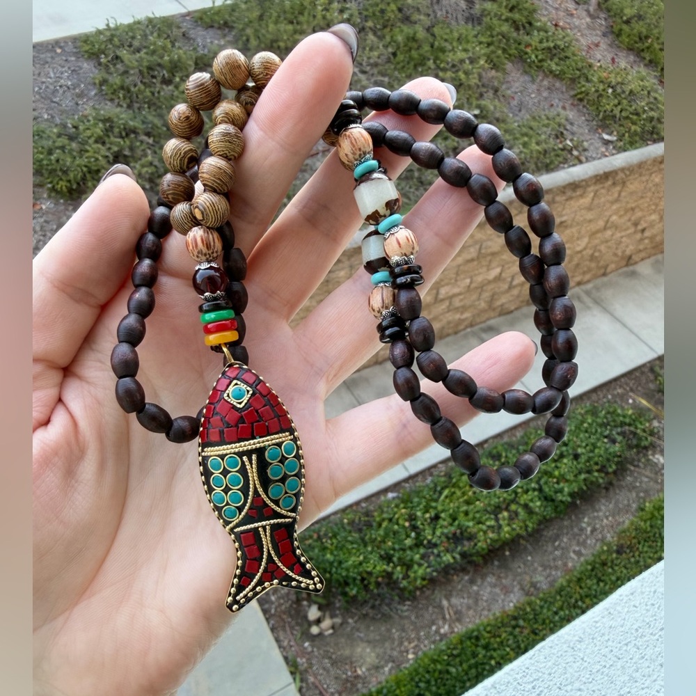 Boho Mosaic Fish Pendant Wooden Bead Necklace - Picture 2 of 2